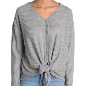 Gibson waffle knit Grey tie-front cardigan sweater large